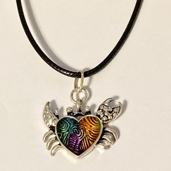 Crab Necklace Silver Plated 18" Black Cord Sea Life Beach Island Zodiac Cancer - Picture 4 of 7